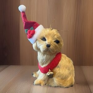Santa's Paws Furry Golden Dog With Santa Hat Christmas Ornament w/ Bell Collar